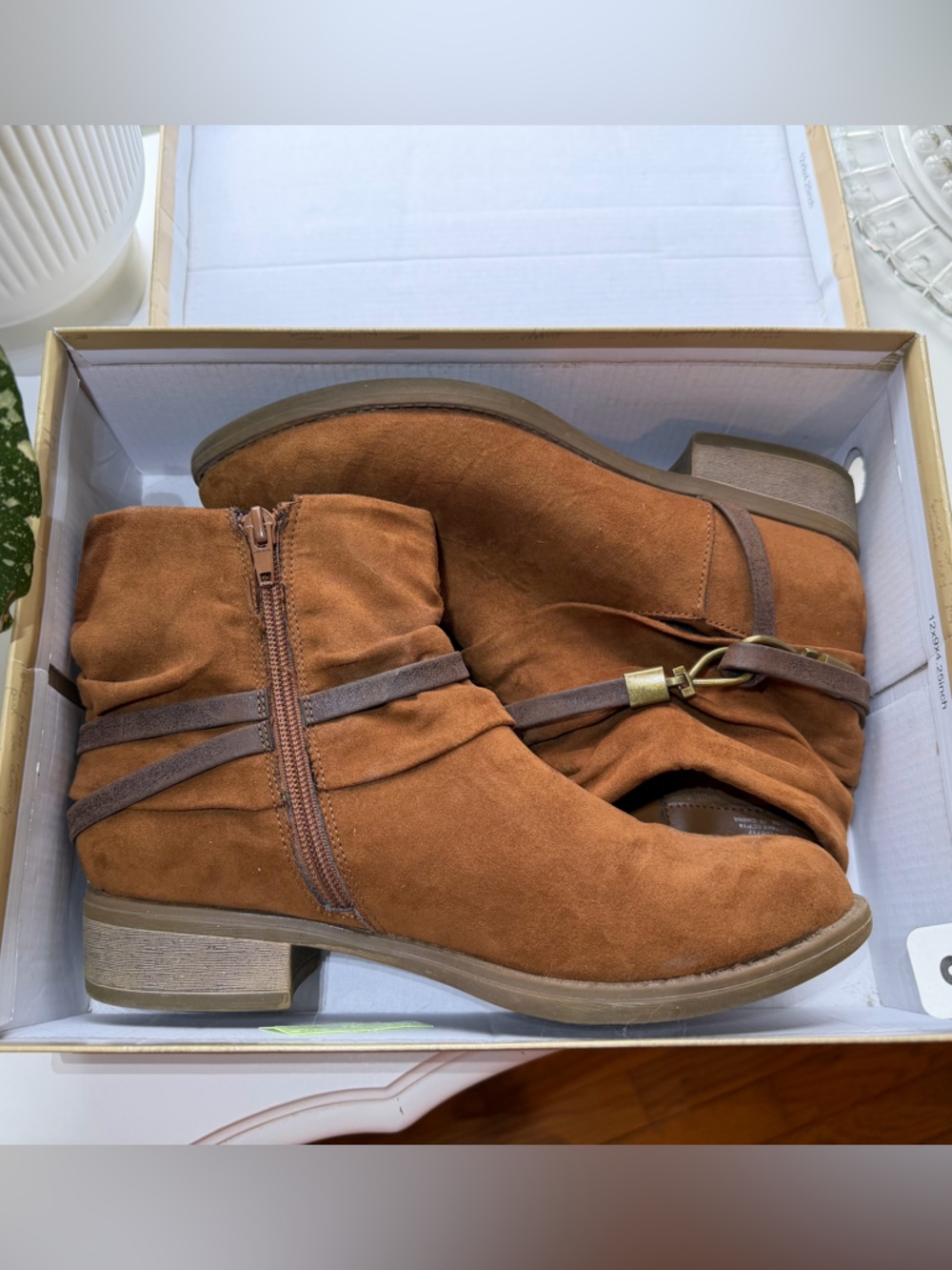 Women's Faux Suede Ankle Boots in Cognac Brown - Stylish Zip & Strap Detail